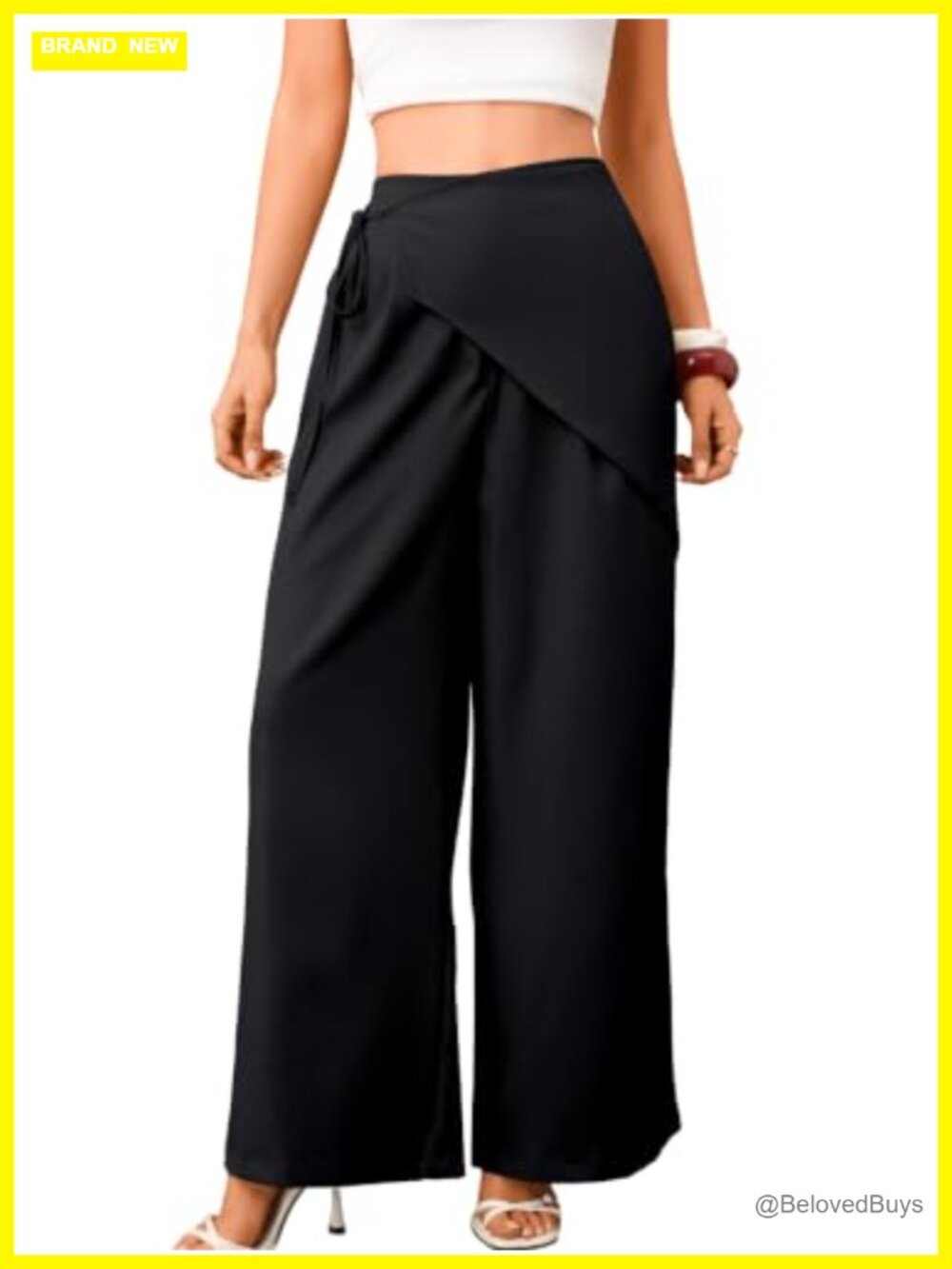 High Waisted Flowy Wide Leg Palazzo Wrap Pants Asymmetrical Overlay